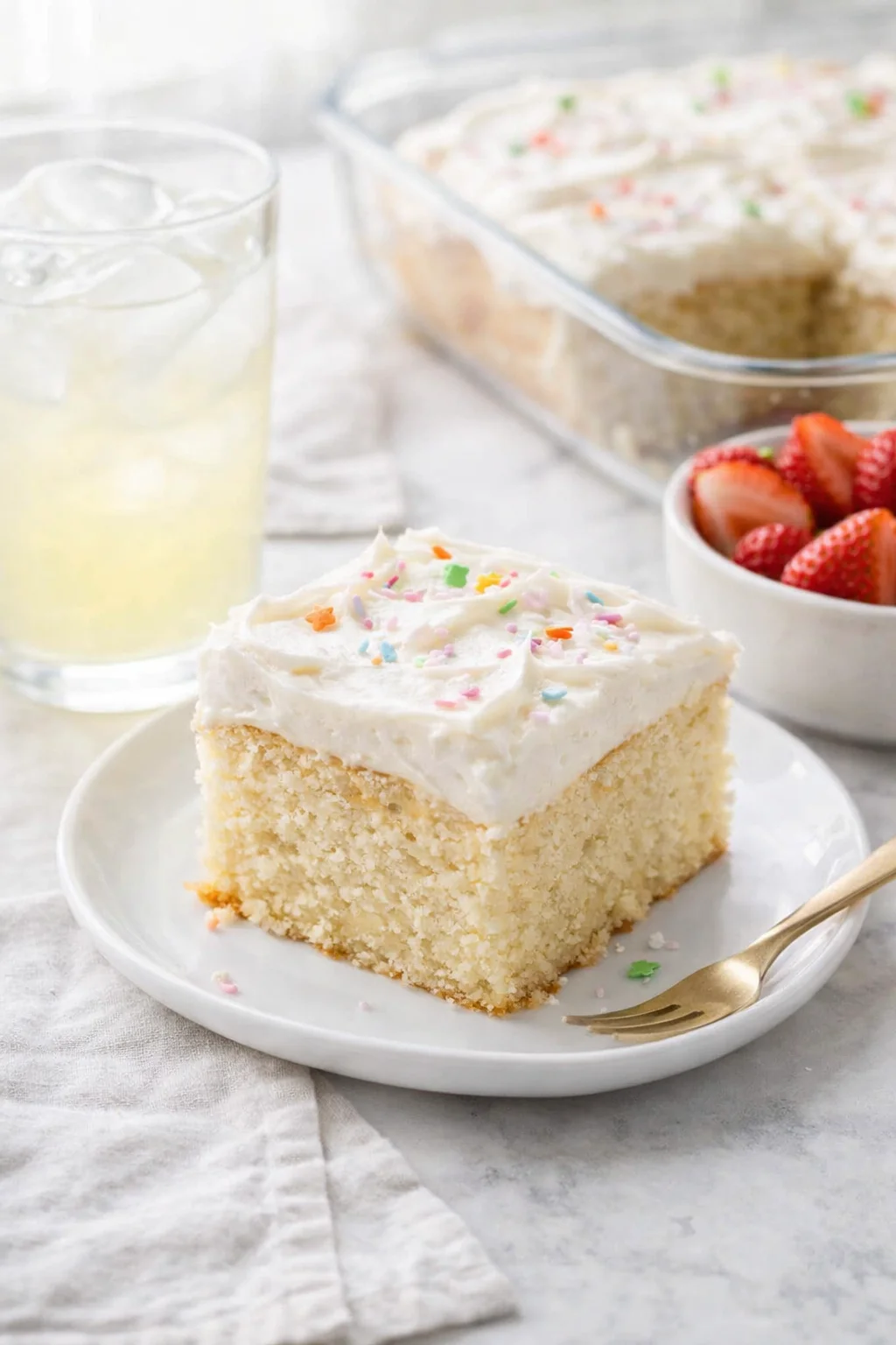 Alternative angle of Vanilla Sheet Cake with Whipped Buttercream Frosting - Sally's Baking served with a pairing