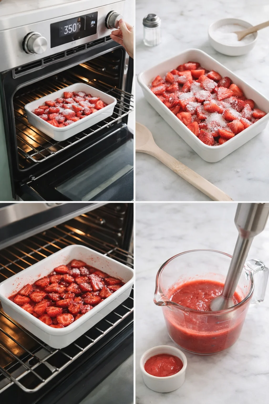 Blender jar of smooth roasted strawberry puree next to sugared roasting dish