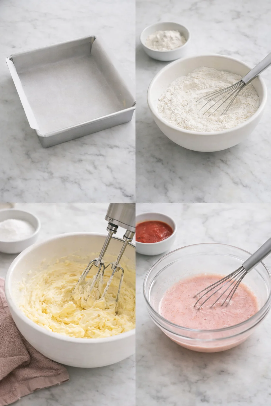 Stand mixer bowl with creamed butter and sugar; milk-strawberry mixture ready to pour