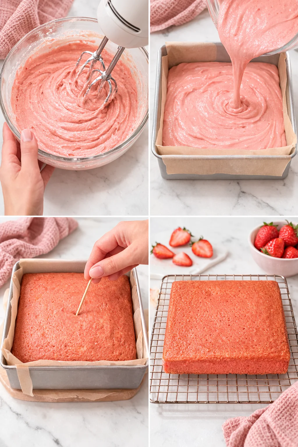Smooth pale pink batter being poured into parchment-lined 8-by-8 pan and smoothed