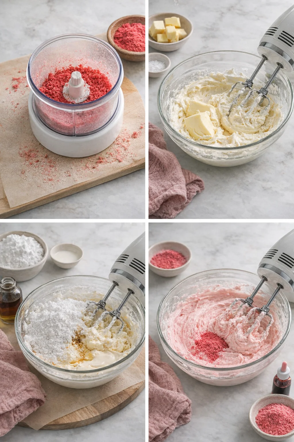 Mixer bowl with pale pink strawberry frosting being mixed after adding powdered freeze-dried strawberries