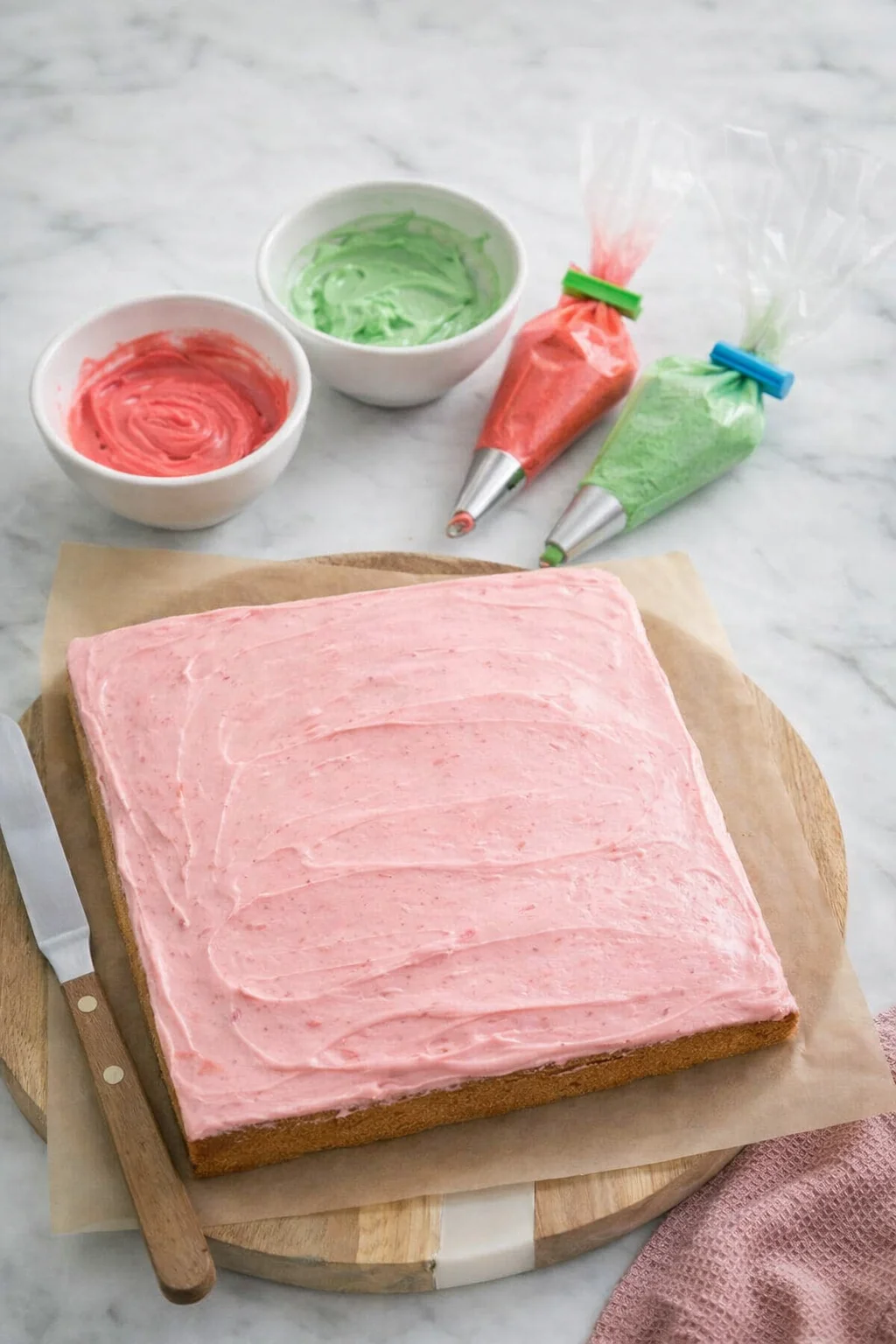 Frosted cake with smooth white layer and two filled piping bags for red and green accents