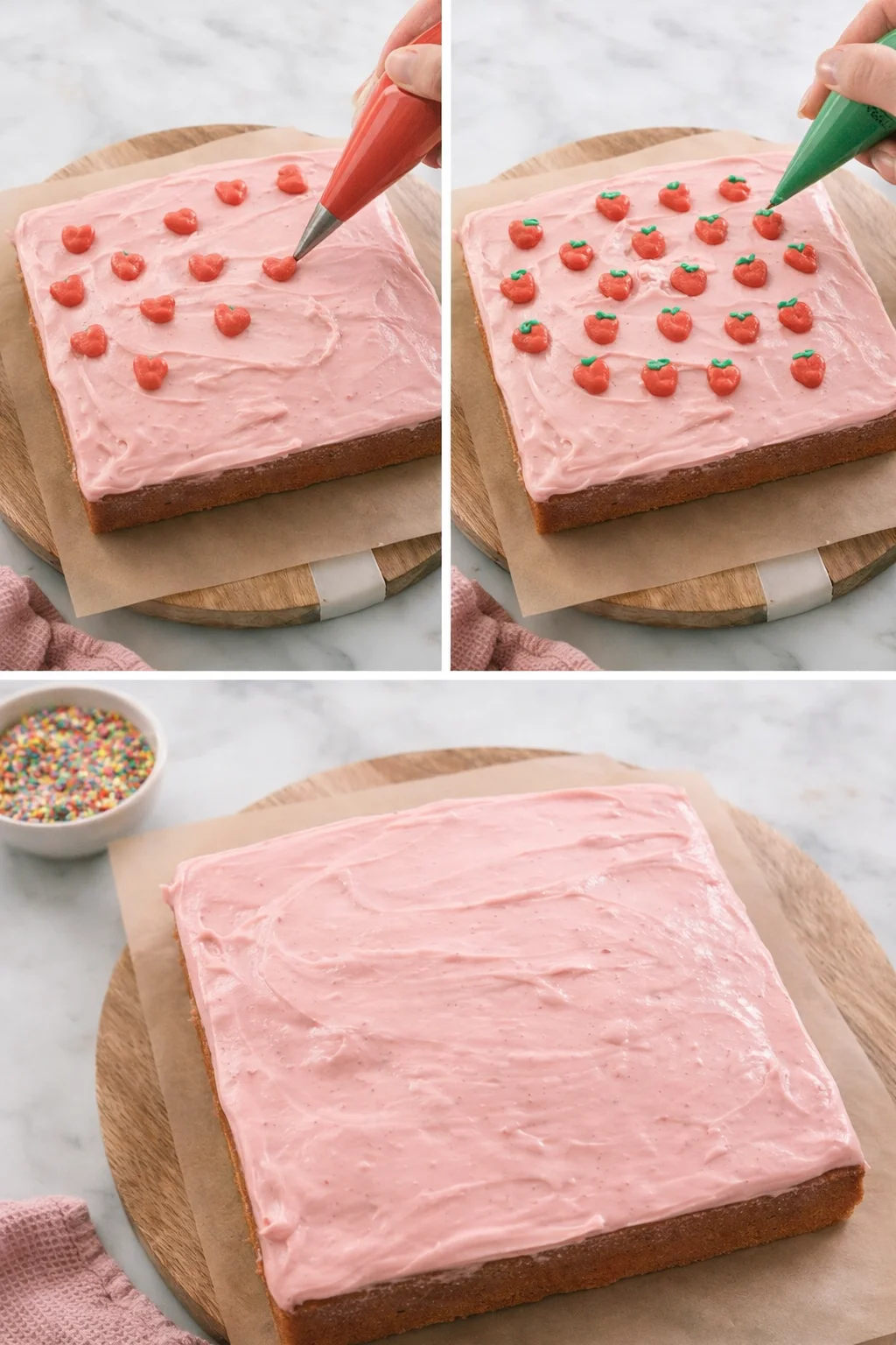 Close-up of piped red heart-shaped strawberries topped with tiny green leaf dots on frosted cake