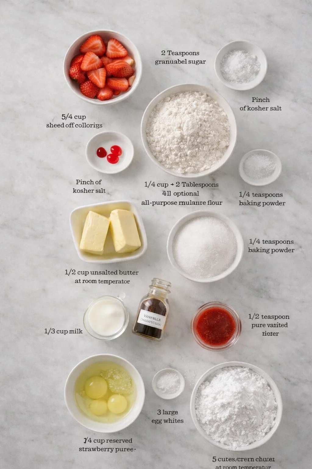 Measured ingredients arranged for Mini Strawberry Cake: 3/4 cup sliced strawberries, from about 4 strawberries, 2 teaspoons granulated sugar, Pinch of kosher salt, 2 drops red food coloring gel, optional, 1 1/4 cup plus 
