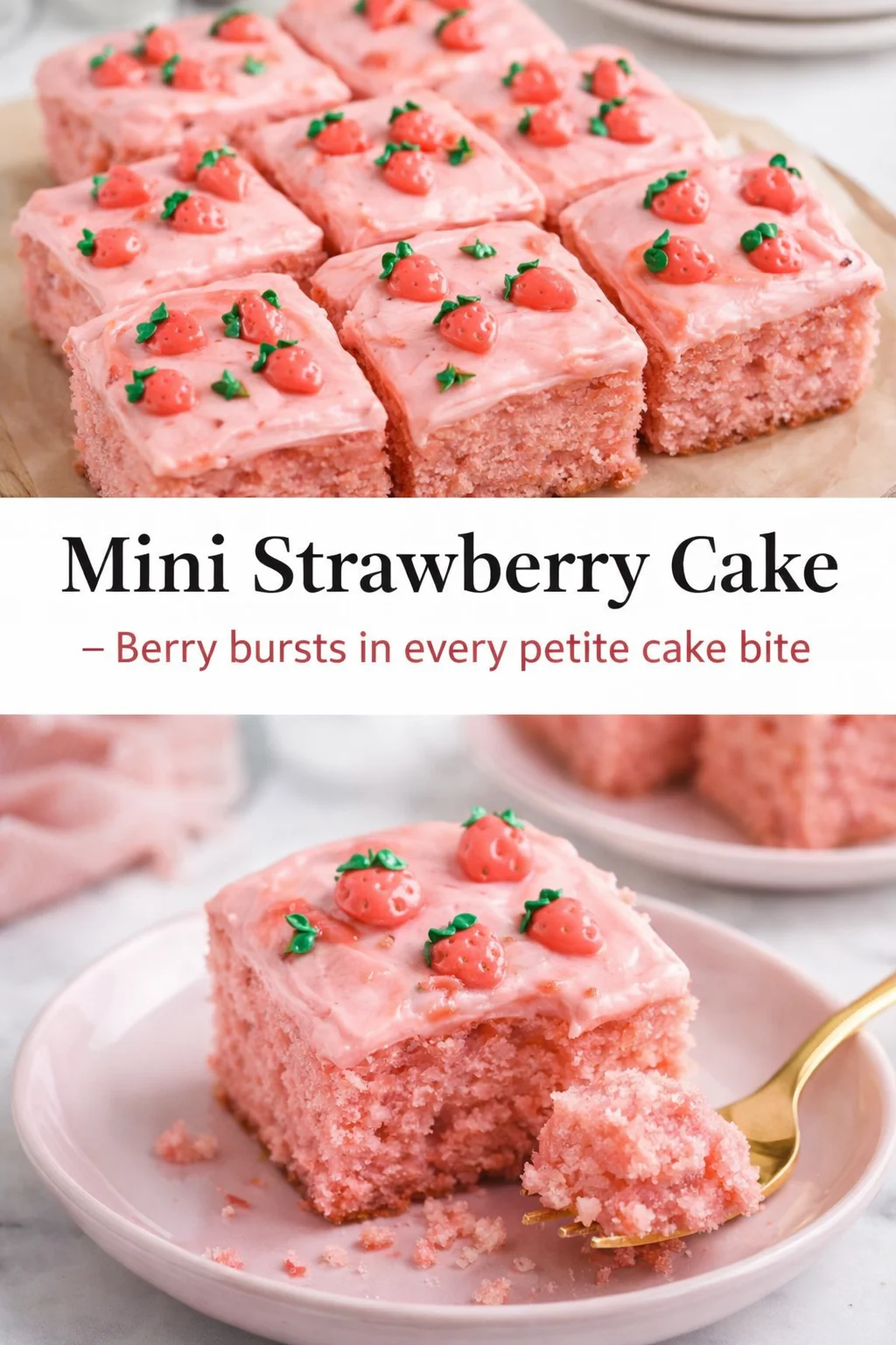 Pinterest-style image for Mini Strawberry Cake with centered text overlay