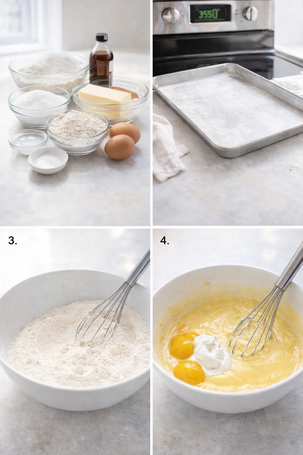 Mixing bowl with whisk blending flour, sugar, sour cream, and eggs into a smooth batter.