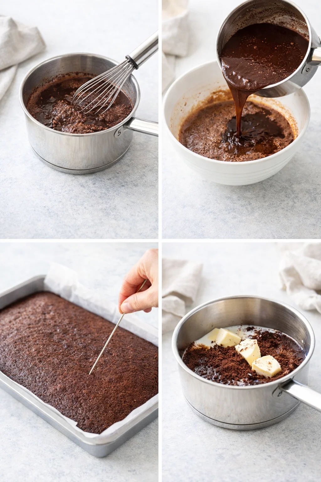 Pouring glossy chocolate batter from bowl into greased 10x15-inch sheet pan.