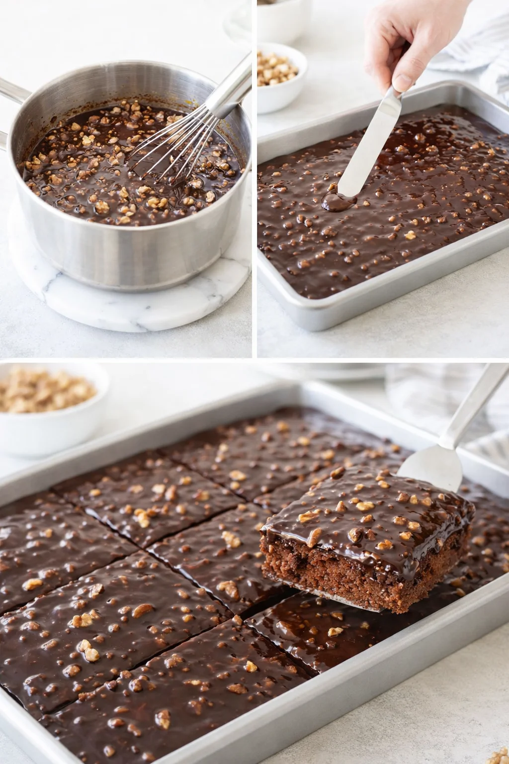 Warm chocolate icing being poured over baked sheet cake, walnuts visible on top.