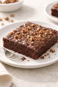 Final plated Texas Sheet Cake served as a hero shot