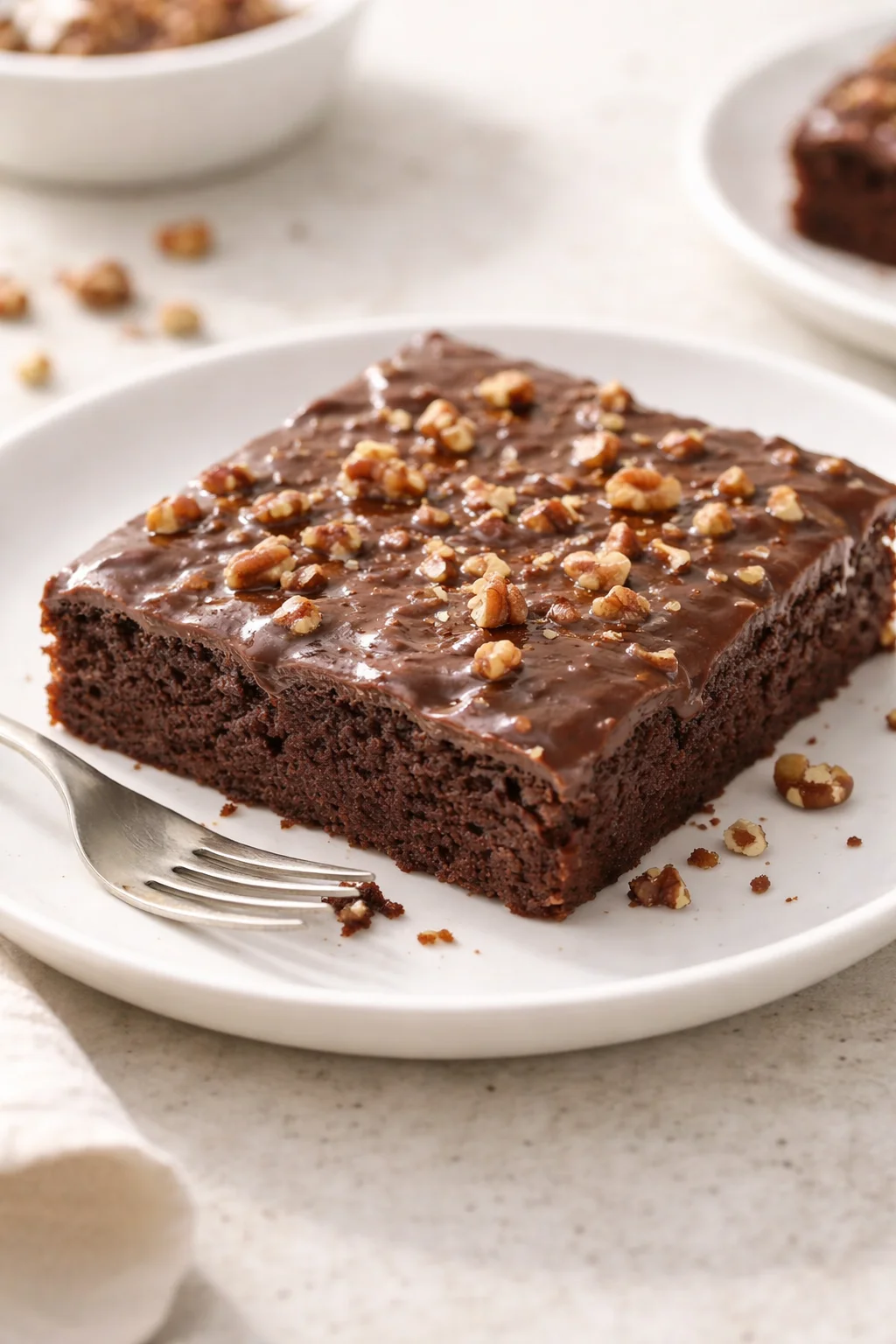 Final plated Texas Sheet Cake served as a hero shot