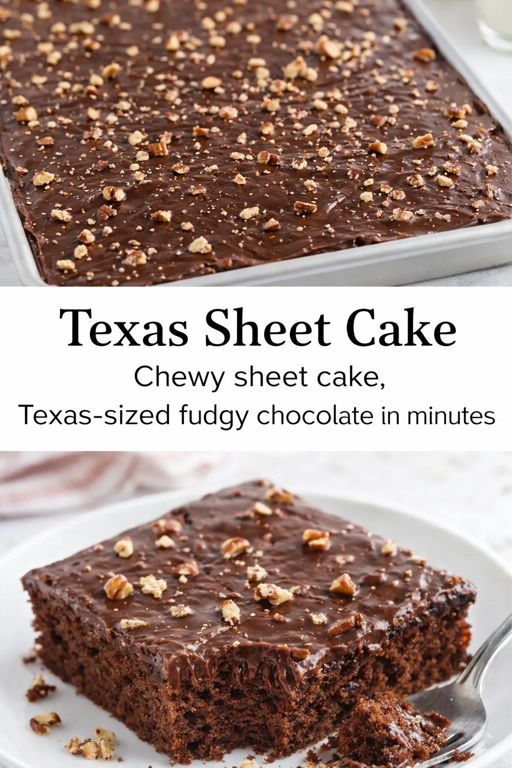 Pinterest-style image for Texas Sheet Cake with centered text overlay