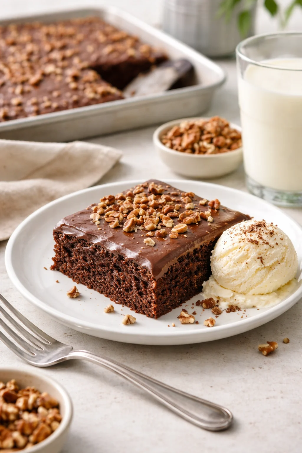 Alternative angle of Texas Sheet Cake served with a pairing