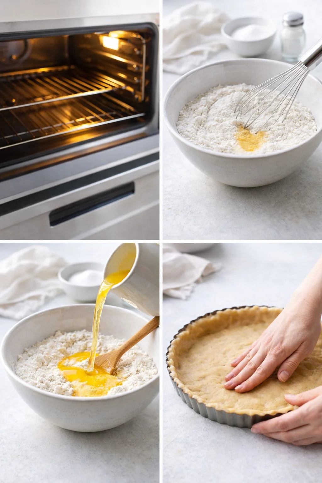 Hands pressing golden crumbly dough into a round tart pan, smoothing bottom and sides.