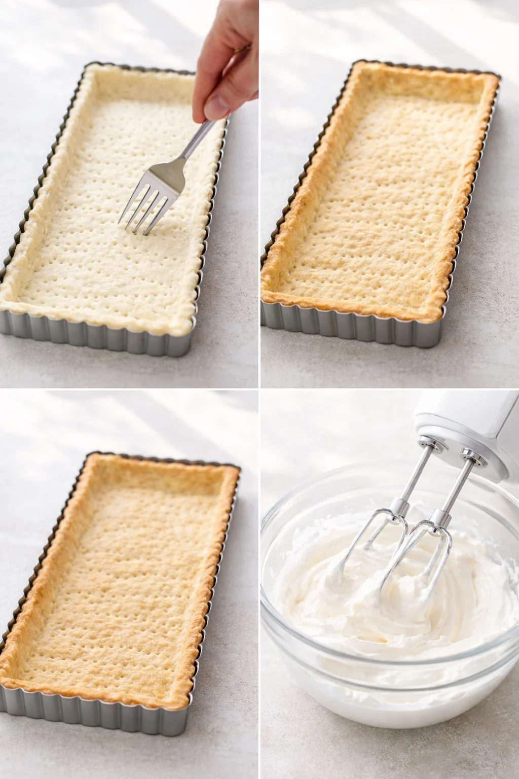Golden tart crust cooling on counter beside bowl of whipped cream with stiff peaks.