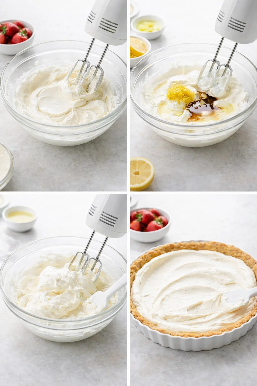 Spatula spreading smooth, light cream cheese and whipped cream filling evenly into cooled tart crust.