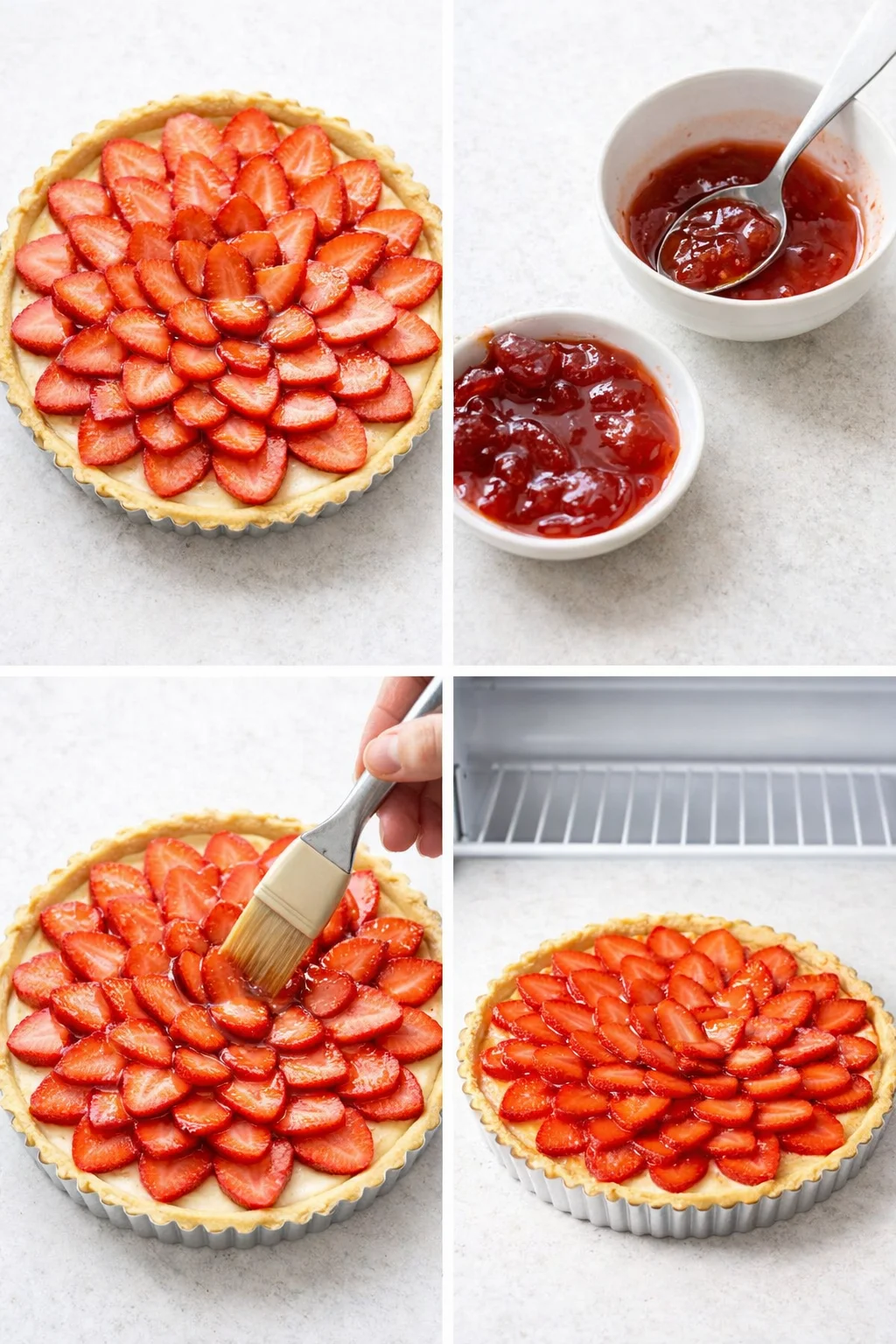 Concentric strawberry slices covering tart surface, glossy from brushed warm preserves glaze, chilling.