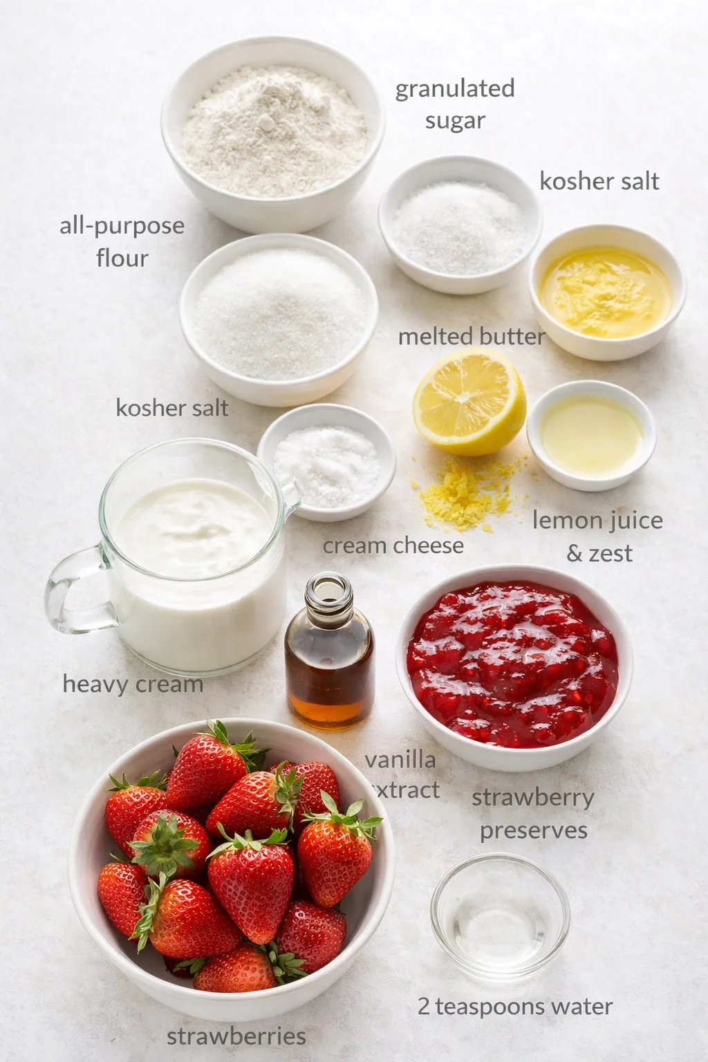 Measured ingredients arranged for My Strawberry Tart Is The Perfect Way To Spring Into Summer: all-purpose flour, granulated sugar, kosher salt, melted butter, heavy cream, cream cheese