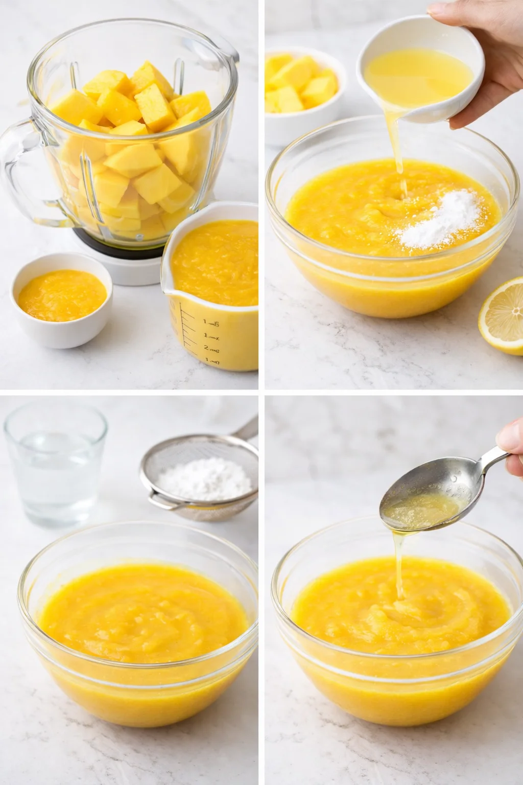 Bright mango puree in a measuring cup beside powdered sugar, lemon wedge, and melted gelatin.