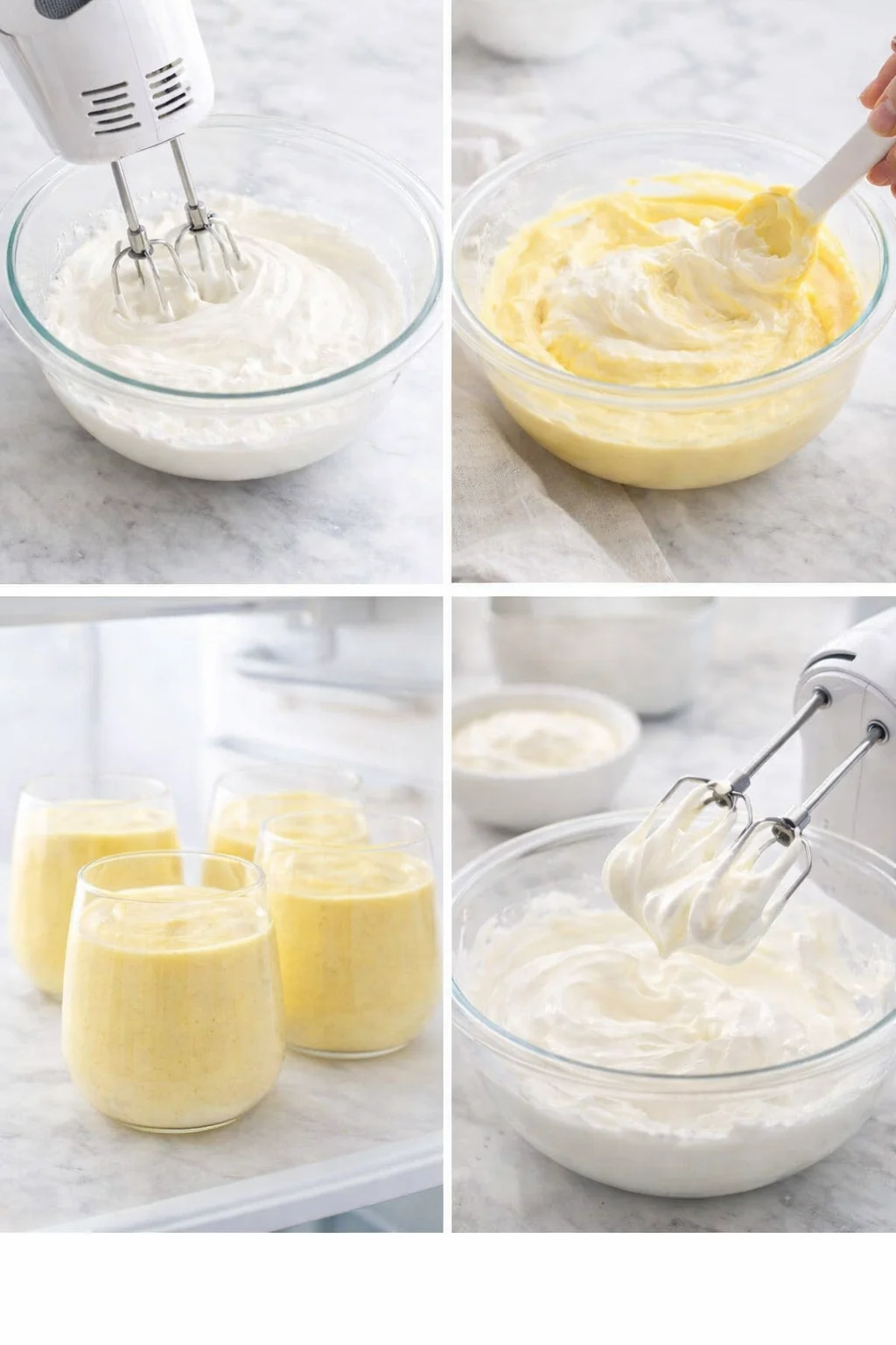 Spatula folding airy whipped cream into mango mixture with four mousse-filled serving cups visible.