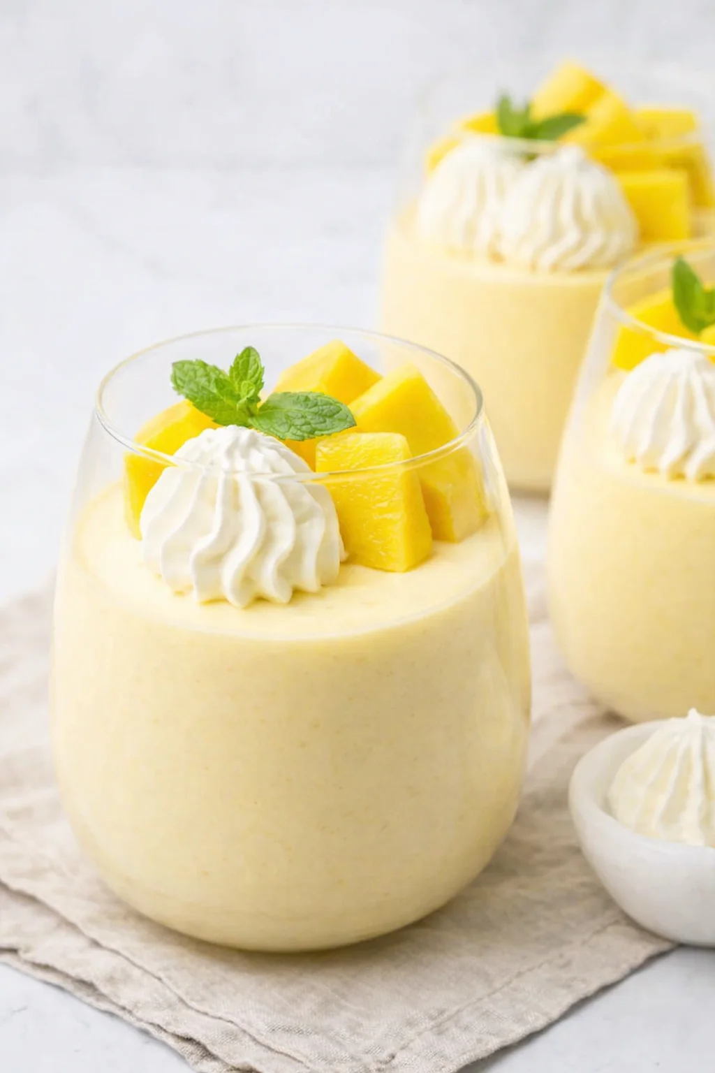 Mousse crowned with a chantilly cream swirl, fresh mango slices, and a sprig of mint.