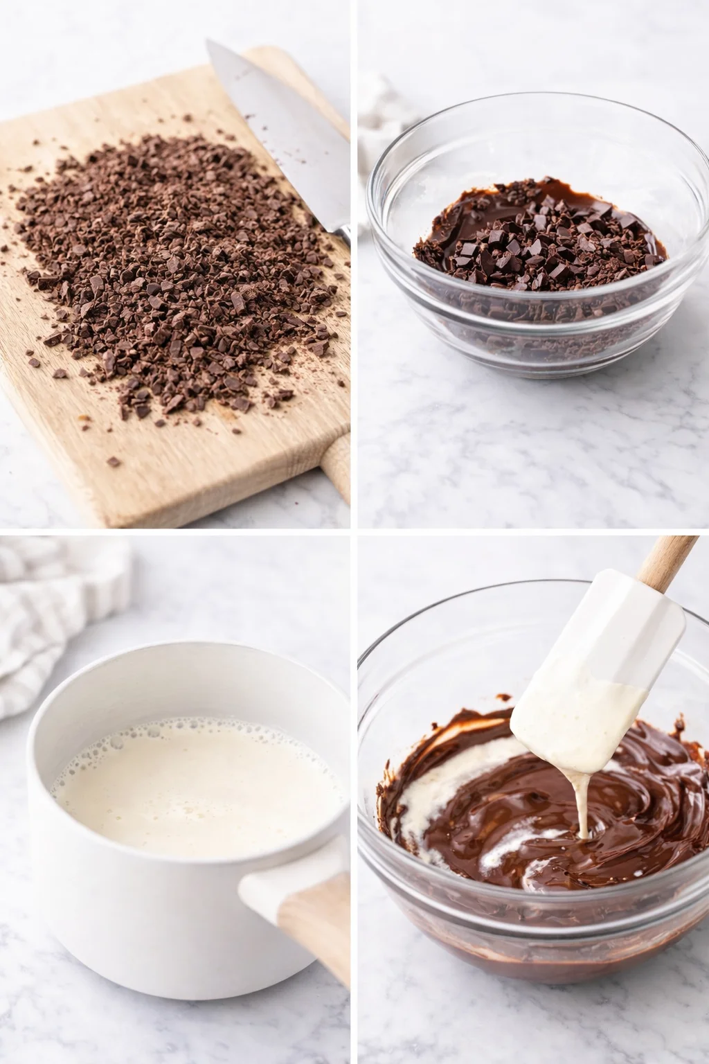 Hot cream being poured over semi-melted chopped dark chocolate in a bowl.