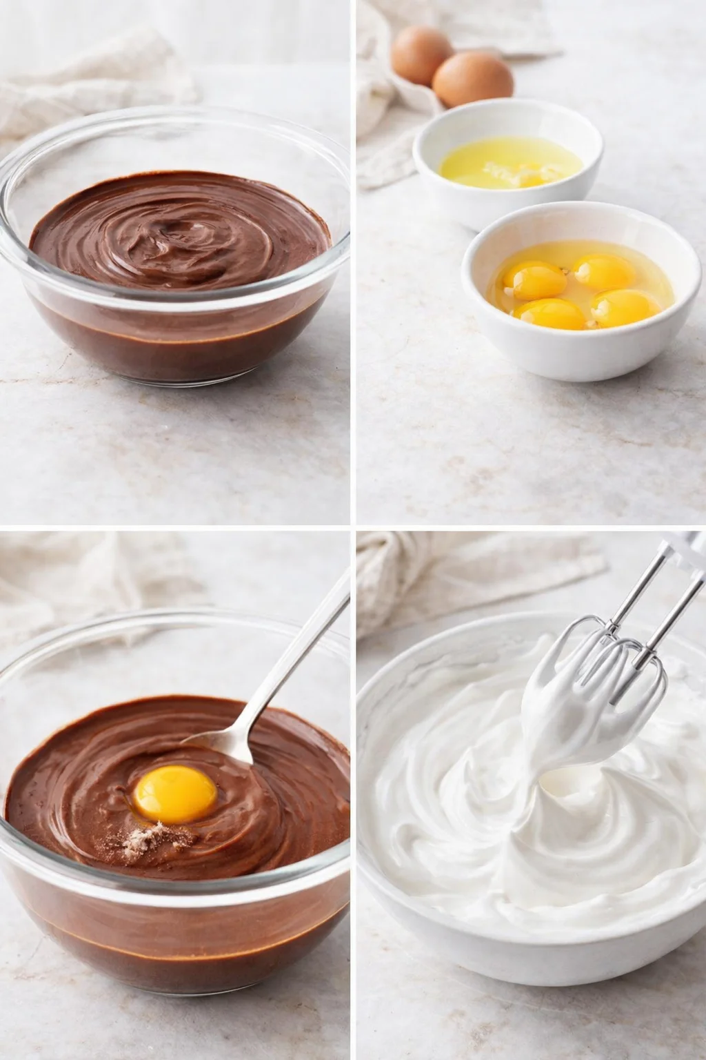 Shiny stiff egg white peaks forming in a mixing bowl under an electric beater.