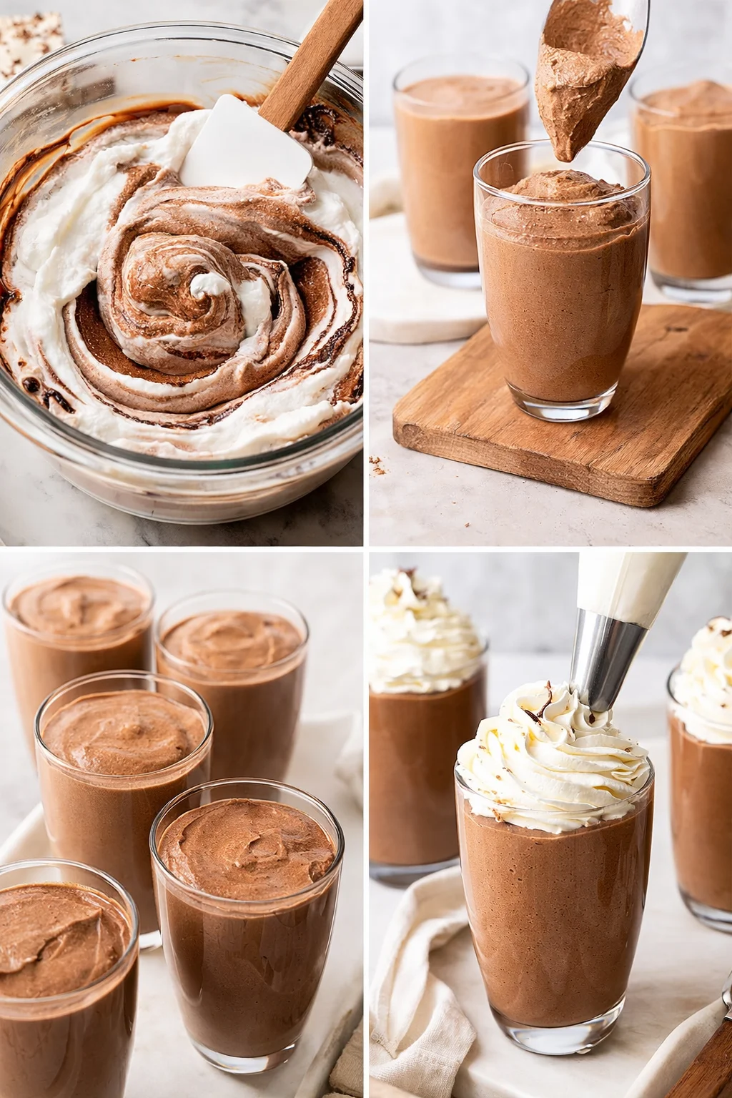 Smooth chocolate mousse being piped into glass cups, ready for chilling in refrigerator.