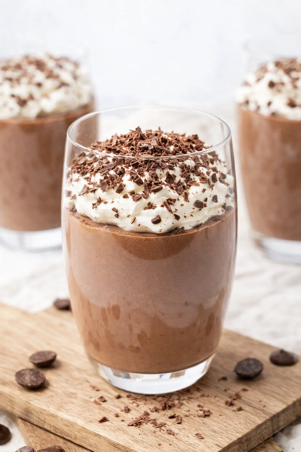Fine dark chocolate shavings being sprinkled over whipped-cream topped mousse cups.