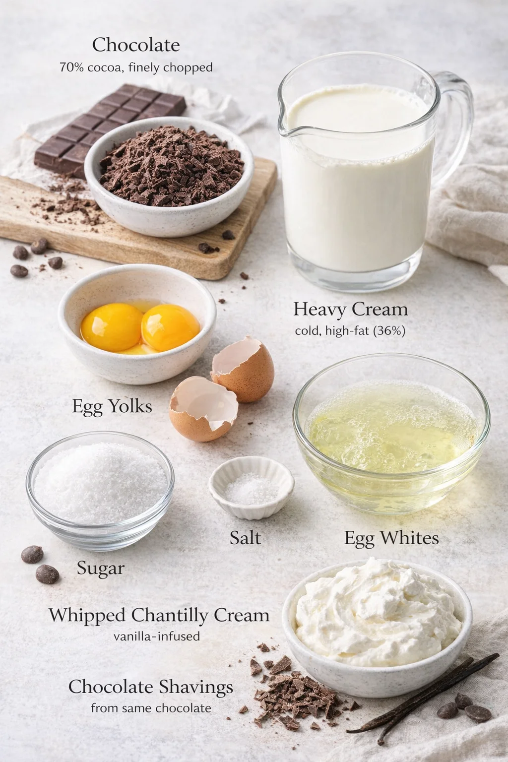Measured ingredients arranged for Chocolate Mousse Cups: Chocolate – quality semi-sweet dark chocolate (at least 70% cocoa); chop finely before melting, Heavy Cream (heavy whipping cream) – high-fat cream (36% fat); keep