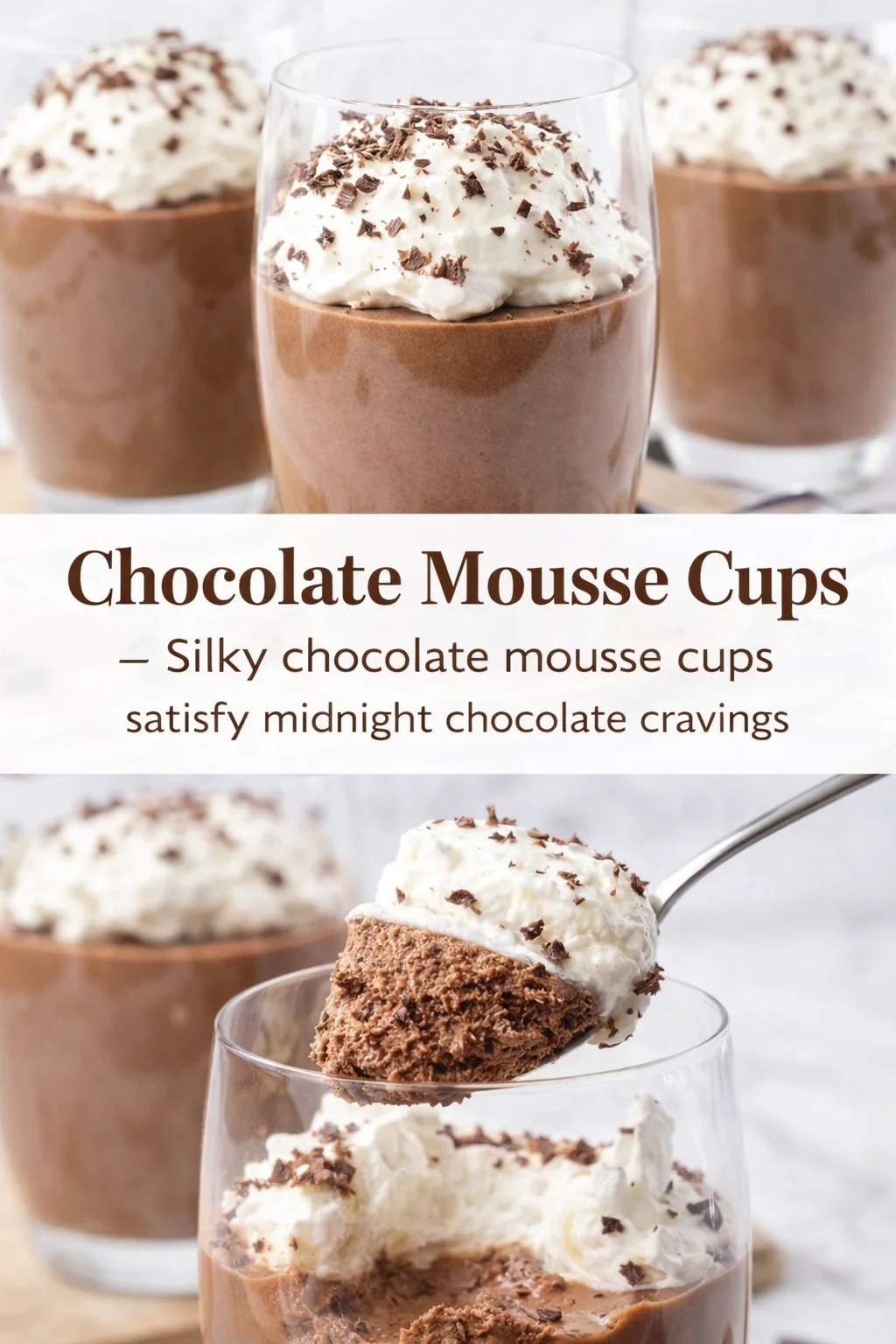 Pinterest-style image for Chocolate Mousse Cups with centered text overlay