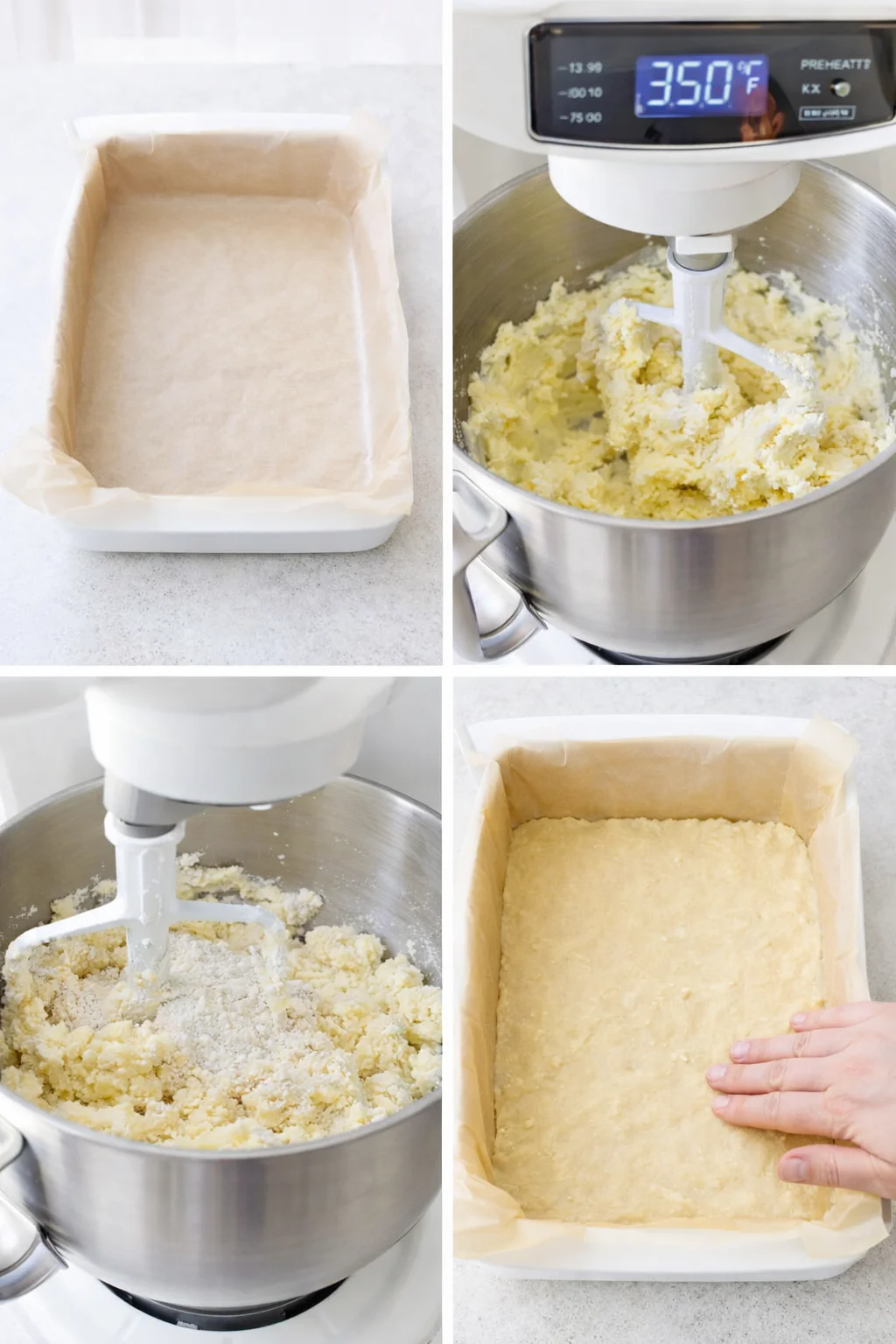 Hands pressing crumbly, pale shortbread dough evenly into parchment-lined 13×9 baking pan.