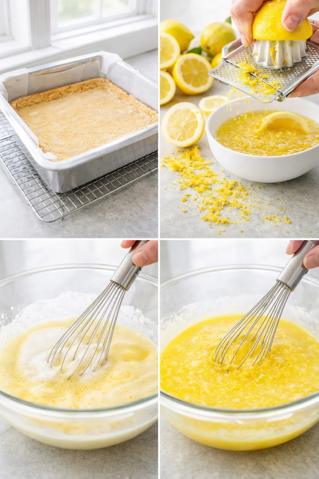 Whisked eggs and sugar in bowl with fresh lemon halves, zester, and baked crust cooling.