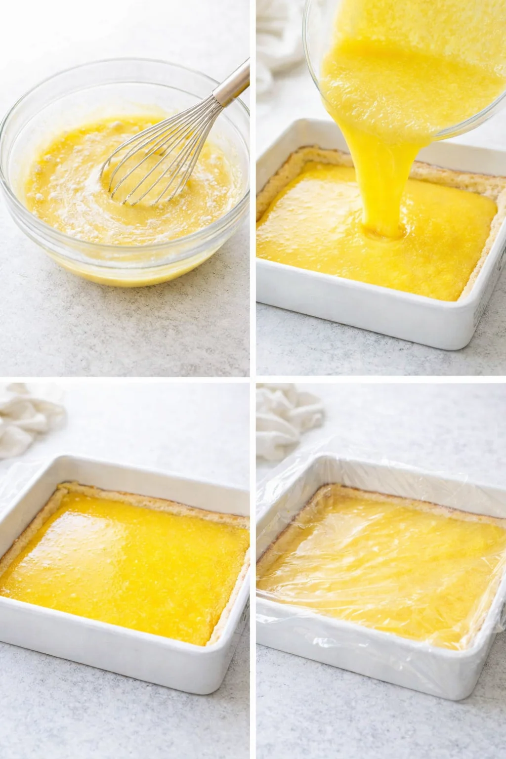 Glossy lemon filling being poured from a bowl over the warm baked shortbread crust in pan.