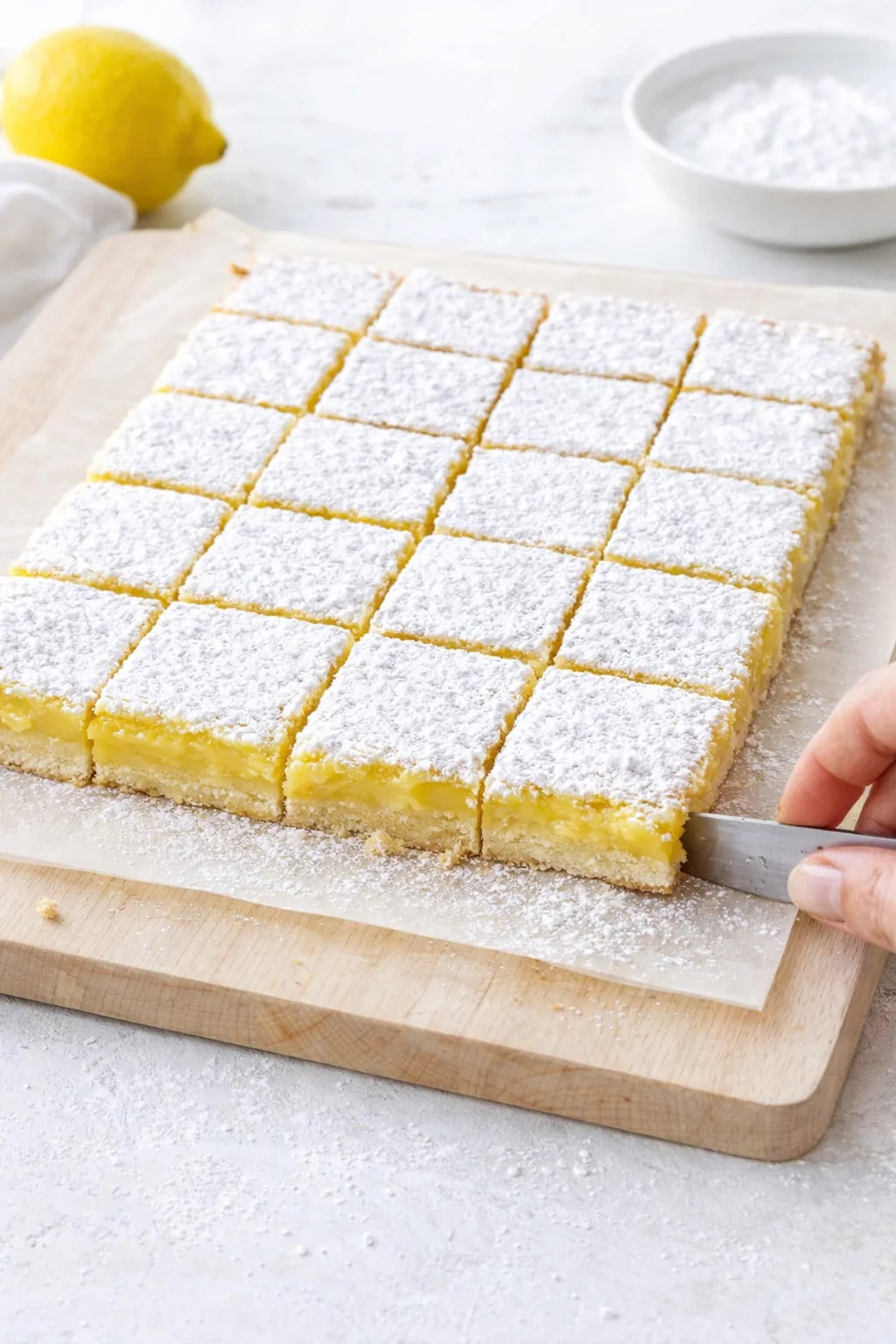 Slab lifted on parchment being sliced into neat squares while confectioners' sugar is dusted on top.