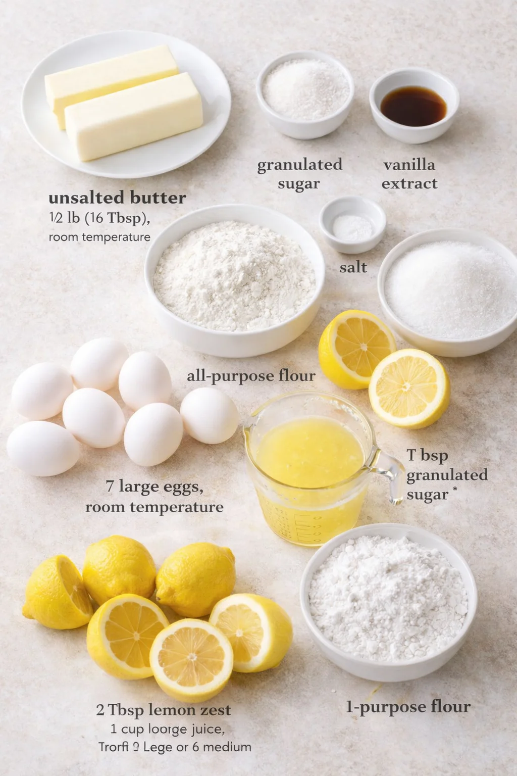 Measured ingredients arranged for Lemon Bars: 1/2 lb unsalted butter, (16 Tbsp) room temperature, 1/2 cup granulated sugar, 1 1/2 tsp vanilla extract, 2 cups all-purpose flour, 1/4 tsp salt, 7 large eggs, room temperatur