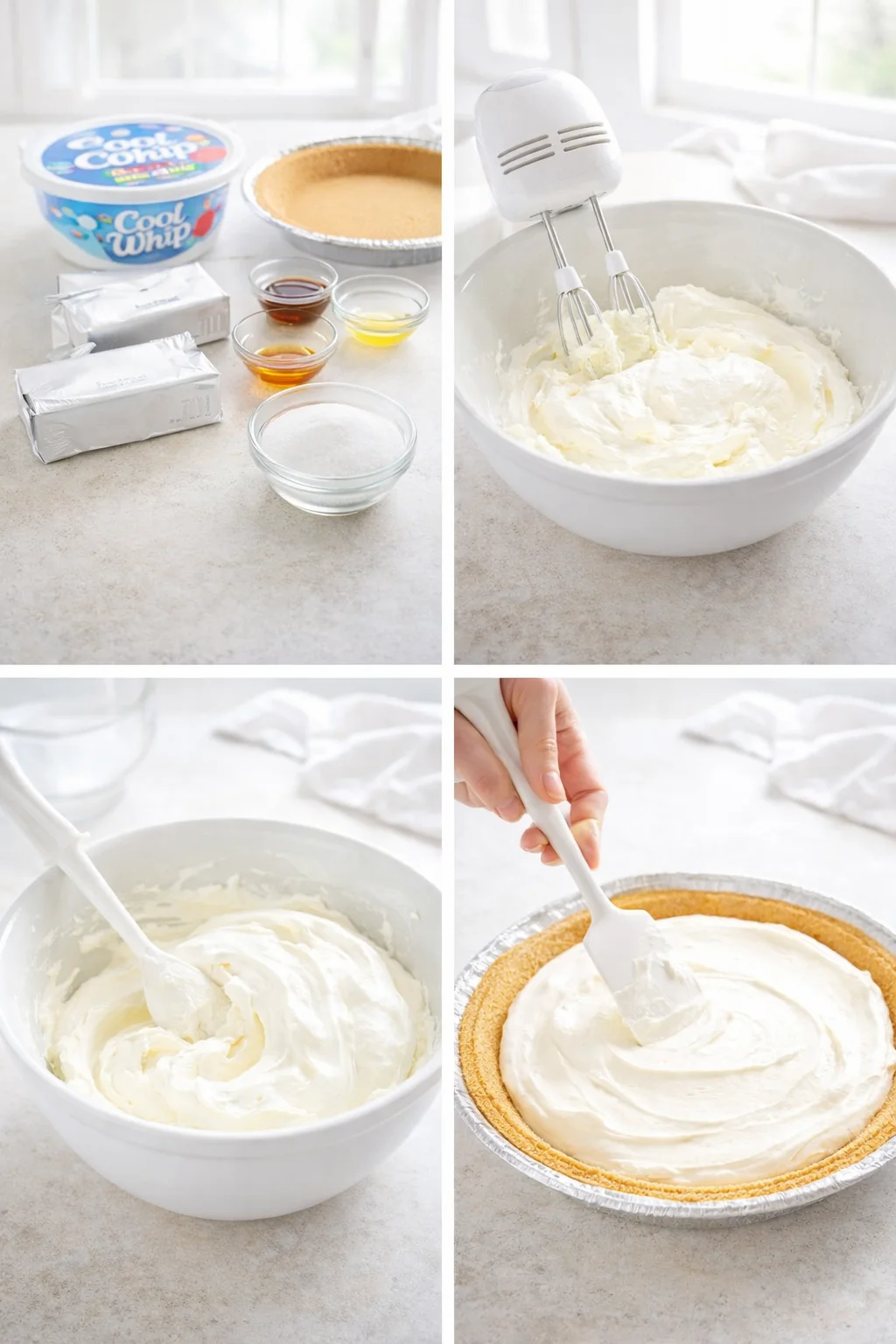 Electric mixer beating cream cheese mixture, folding in Cool Whip, pouring and smoothing into graham cracker crust