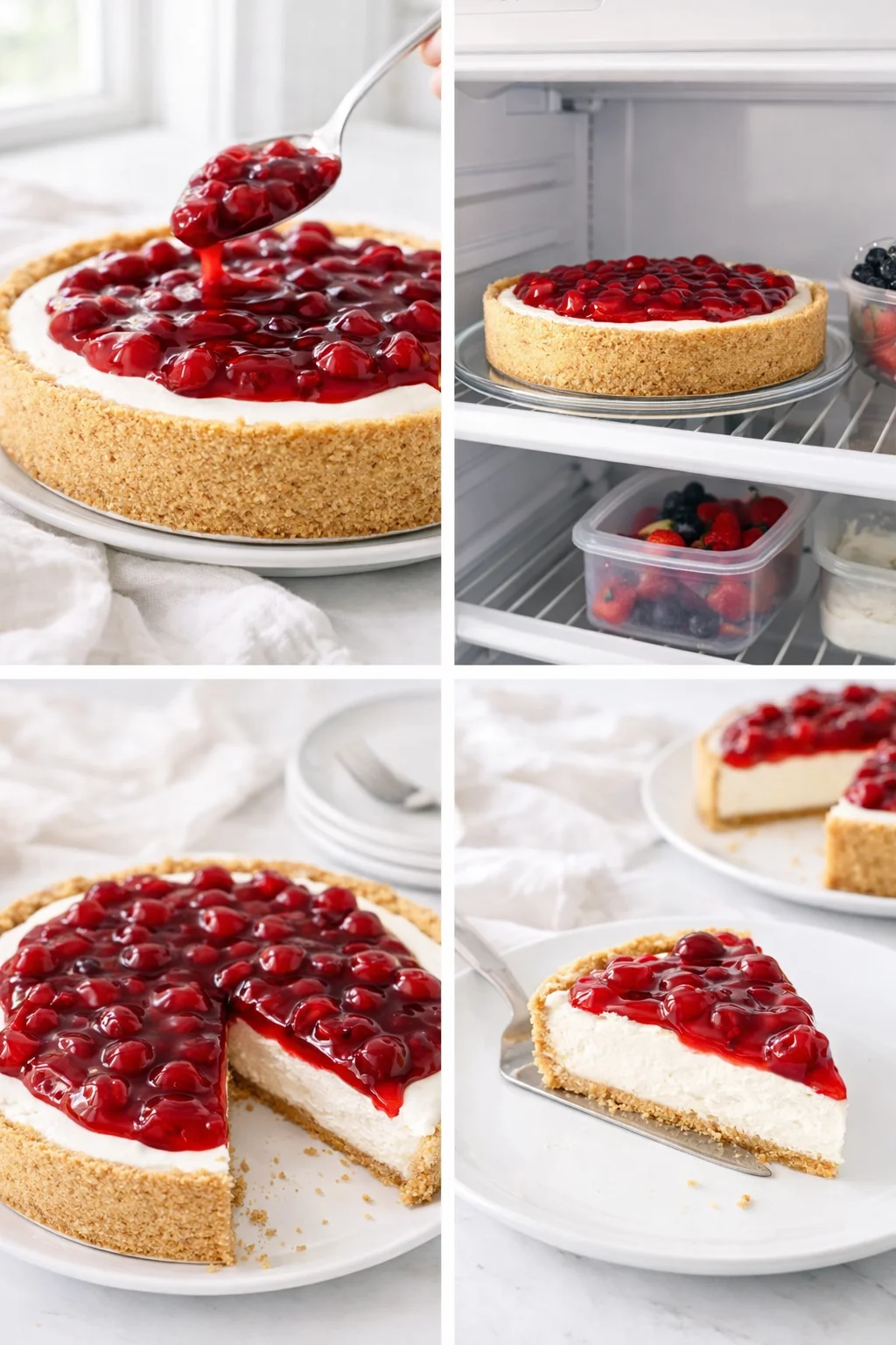 Spoon dollops of fruit pie filling onto chilled cheesecake, then sliced into neat wedges