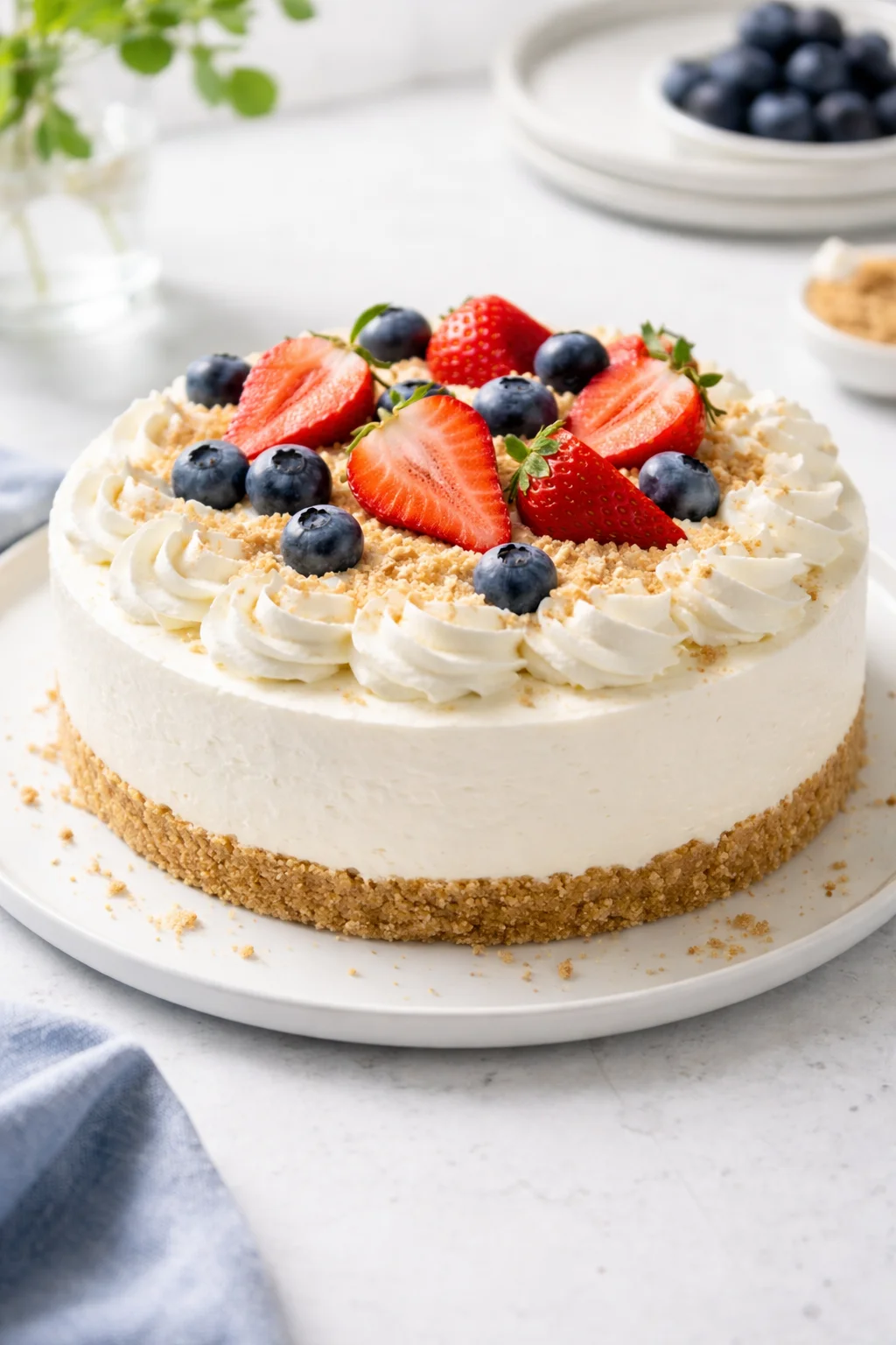 Final plated No-Bake Cheesecake with Cool Whip served as a hero shot