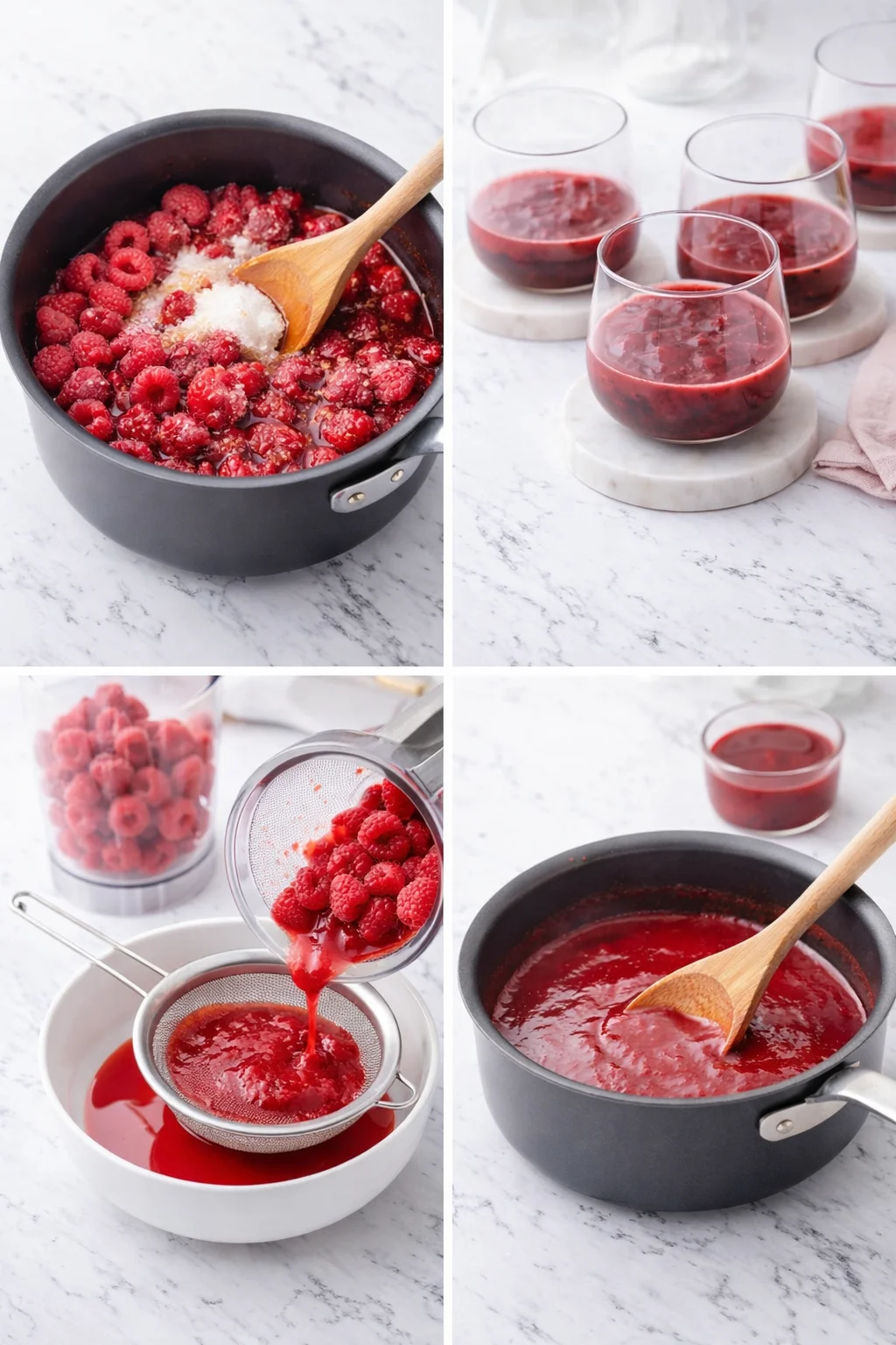 Saucepan of simmering raspberries, strained puree being sieved, and compote being portioned into cups.
