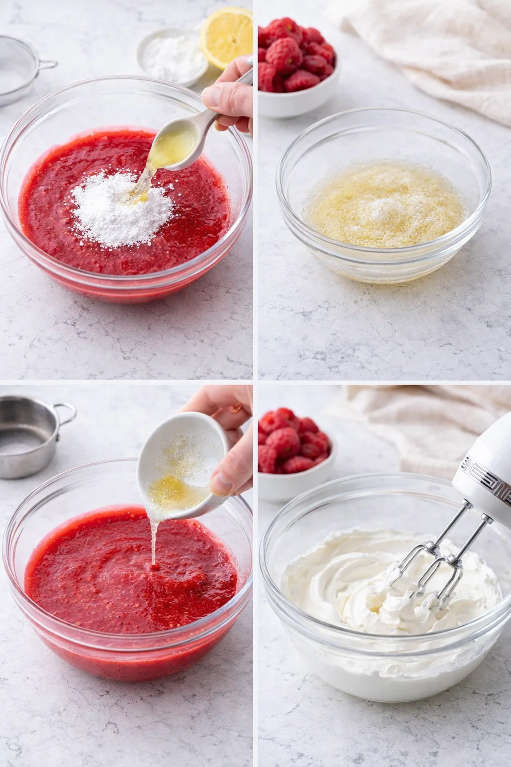 Raspberry puree whisked with lemon and sugar, gelatin blooming in a bowl, and cream whipping to soft peaks.