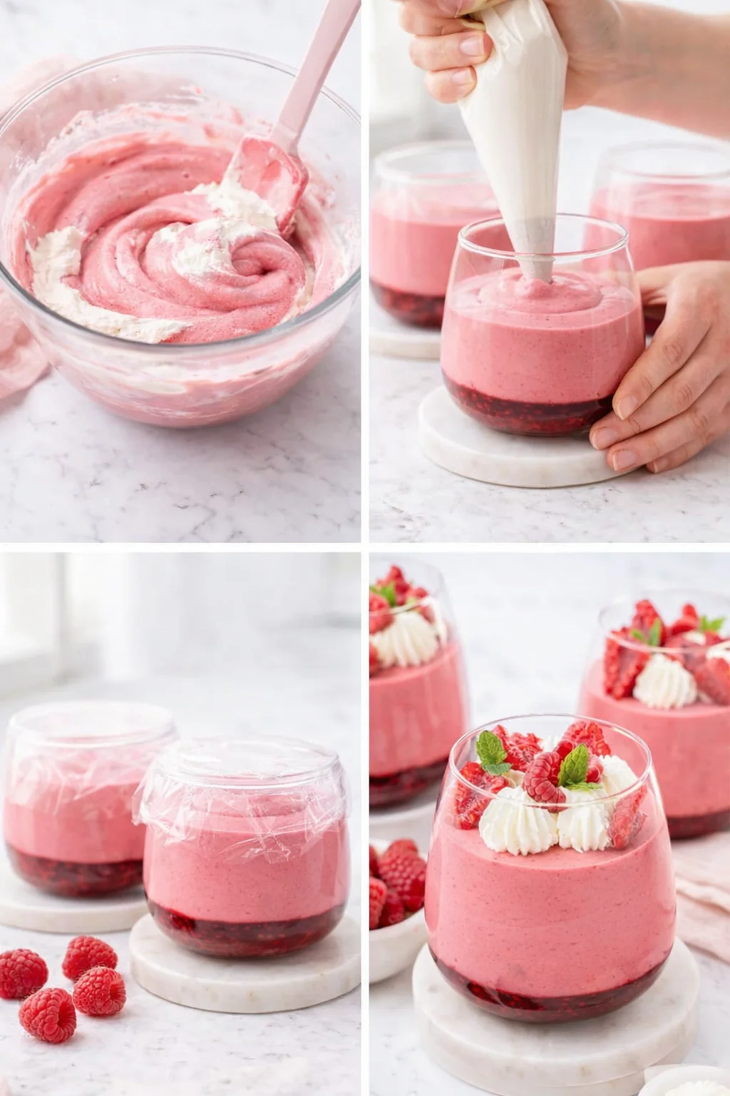 Whipped cream folded into raspberry mixture, mousse layered in cups, chilled and finished with chantilly and raspberries.