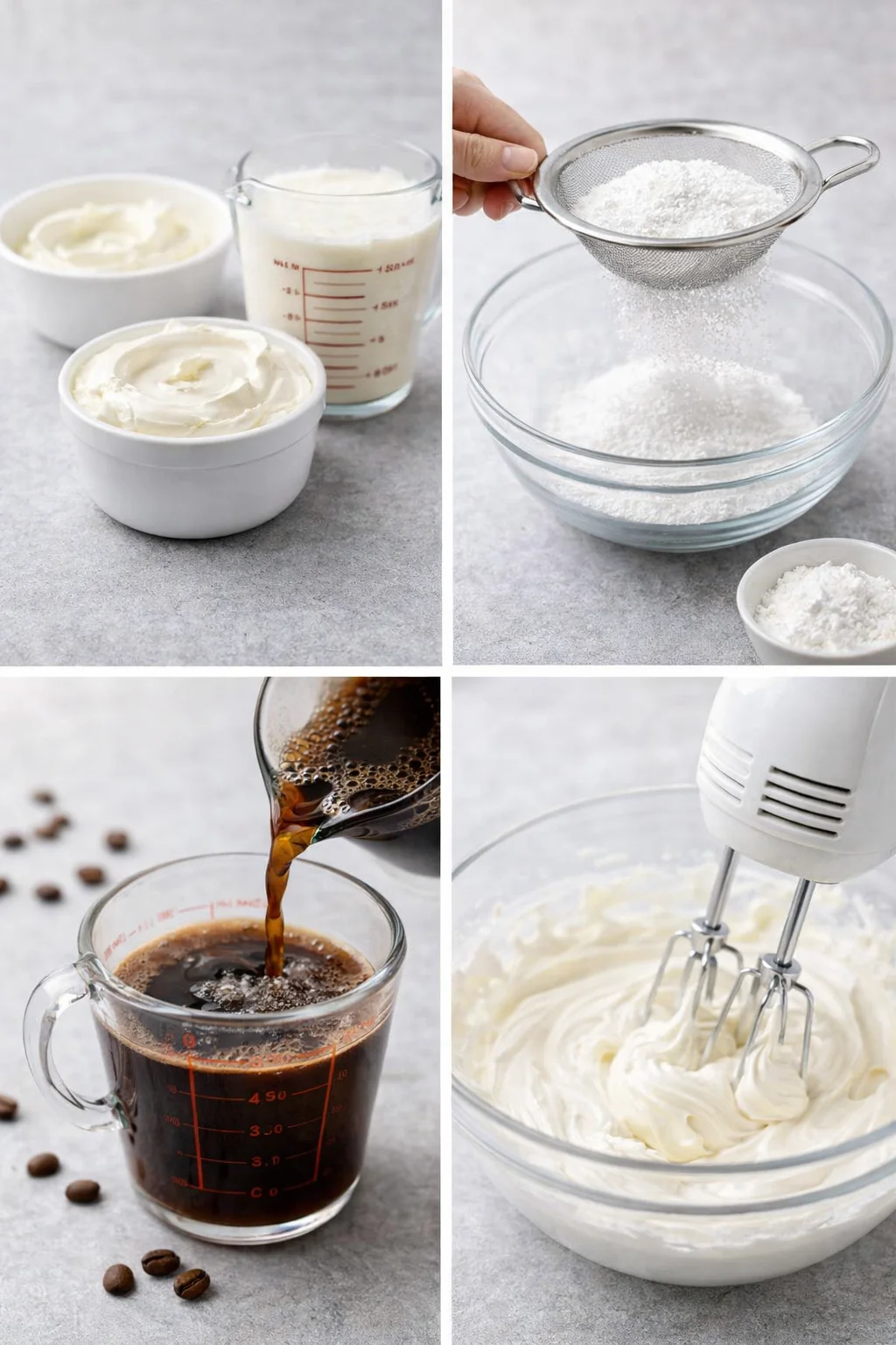 Chilled mascarpone and heavy cream, sifted powdered sugar, brewed coffee, whipped cream at stiff peaks.