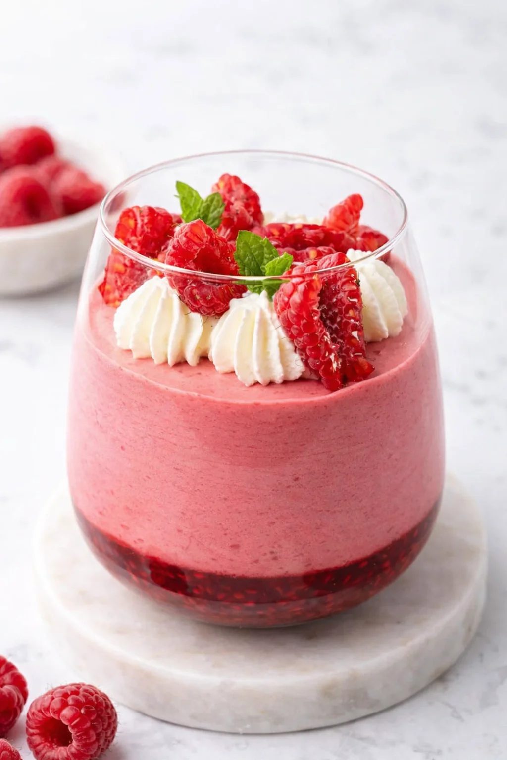 Final plated Raspberry Mousse served as a hero shot