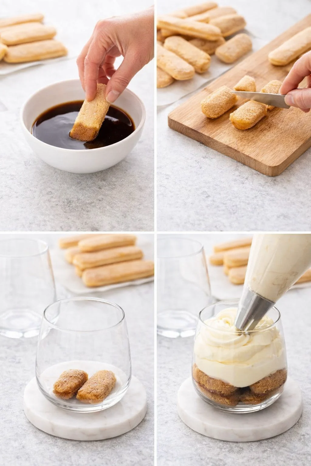 Ladyfinger briefly dunked in coffee, trimmed to fit, layered in cups, mascarpone cream piped over.