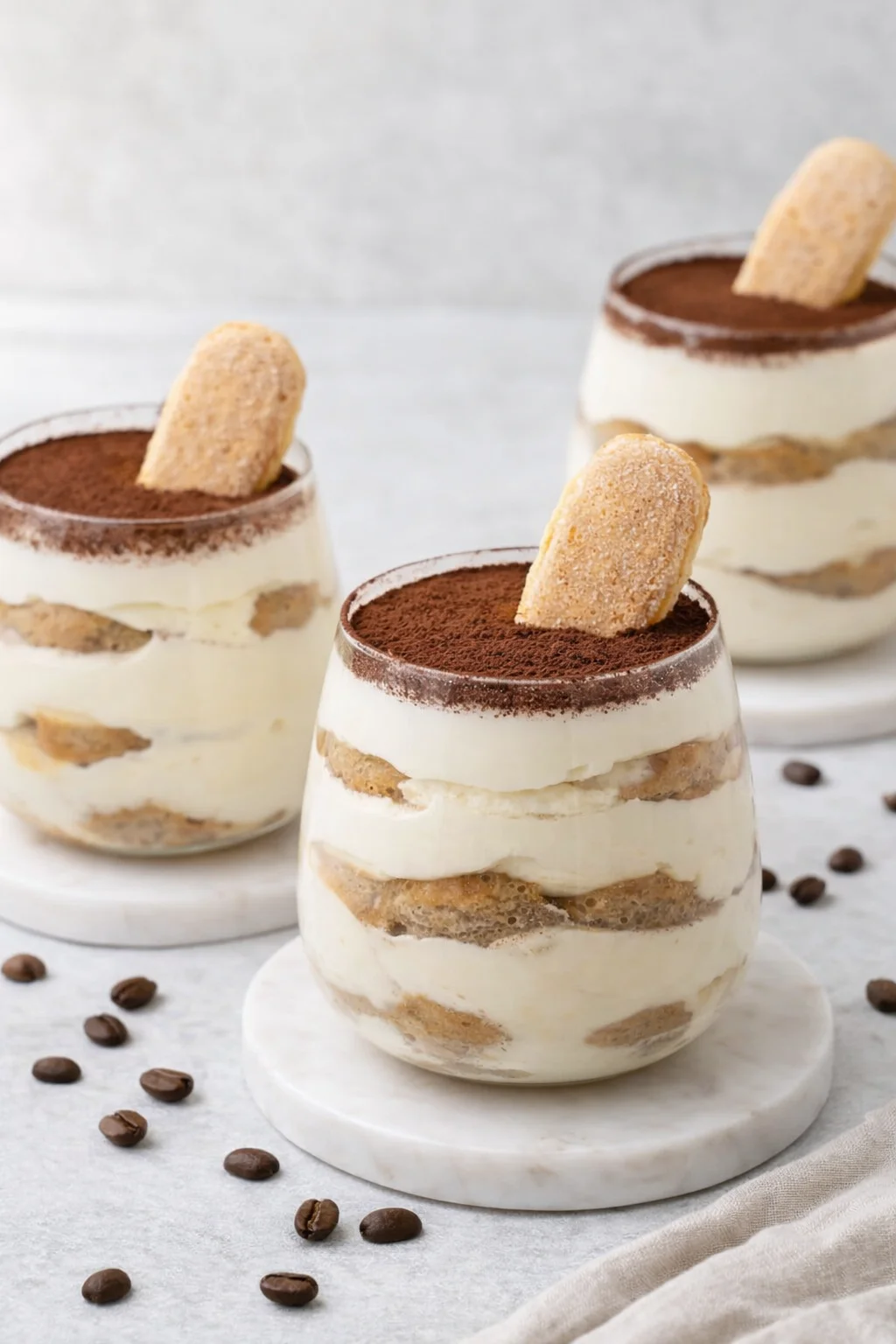 Stacked soaked ladyfingers and mascarpone layers, top smoothed, cups chilled and dusted with cocoa powder.