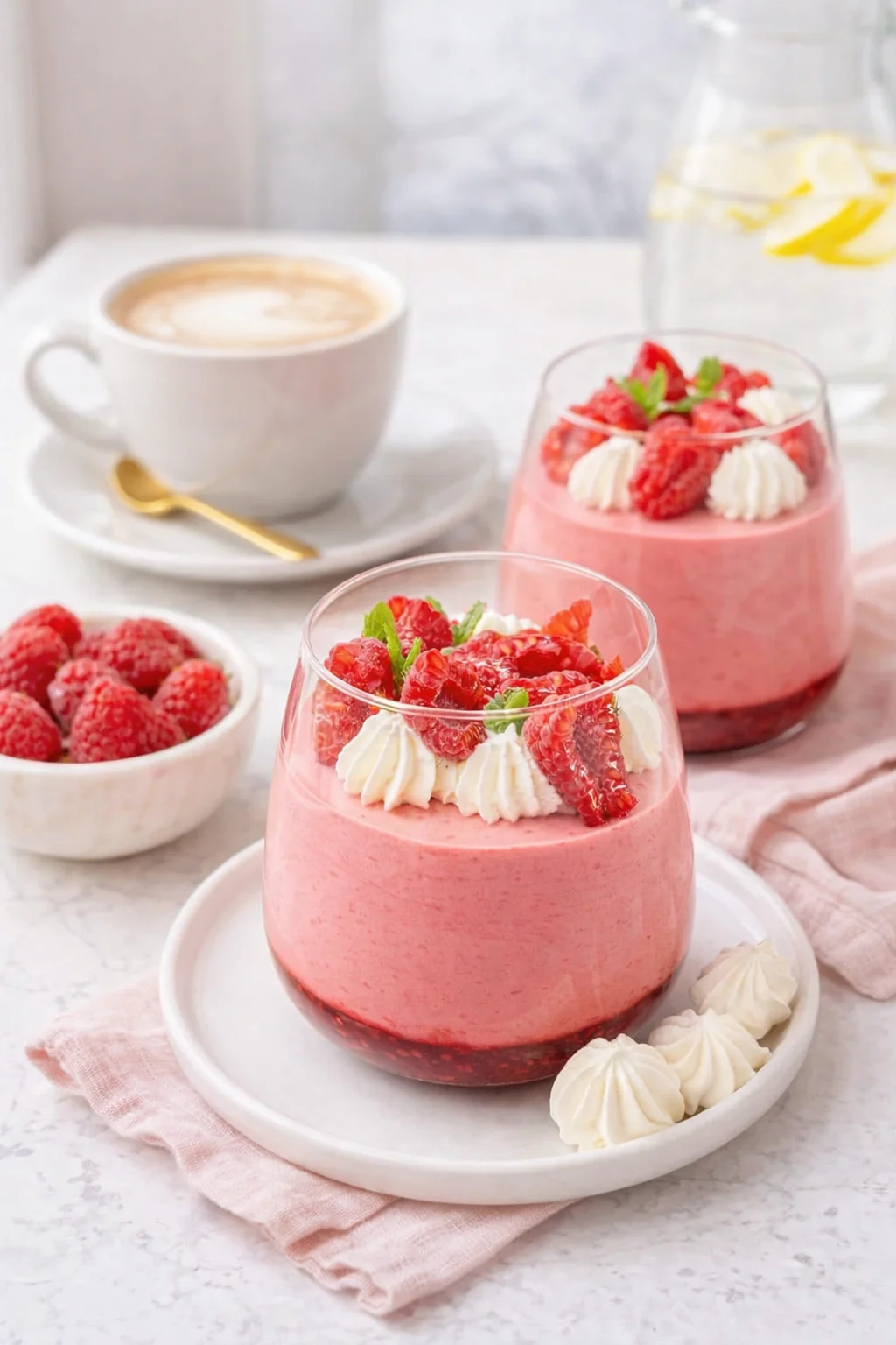 Alternative angle of Raspberry Mousse served with a pairing