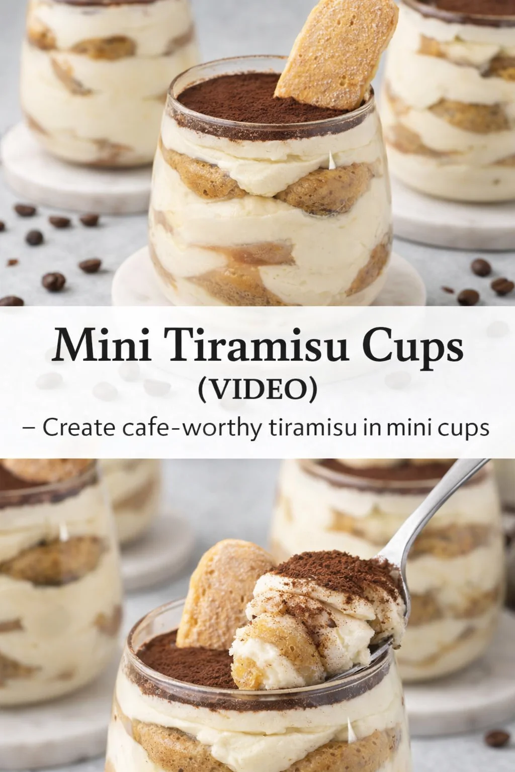 Pinterest-style image for Mini Tiramisu Cups (VIDEO) with centered text overlay