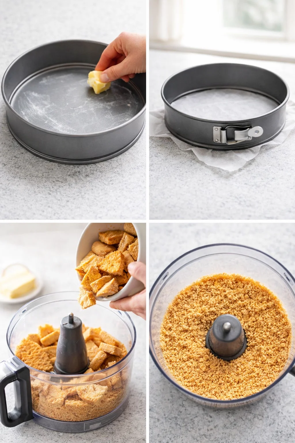 Upside-down springform base lined with clipped parchment, and biscuit chunks pulsing into fine sandy crumbs.