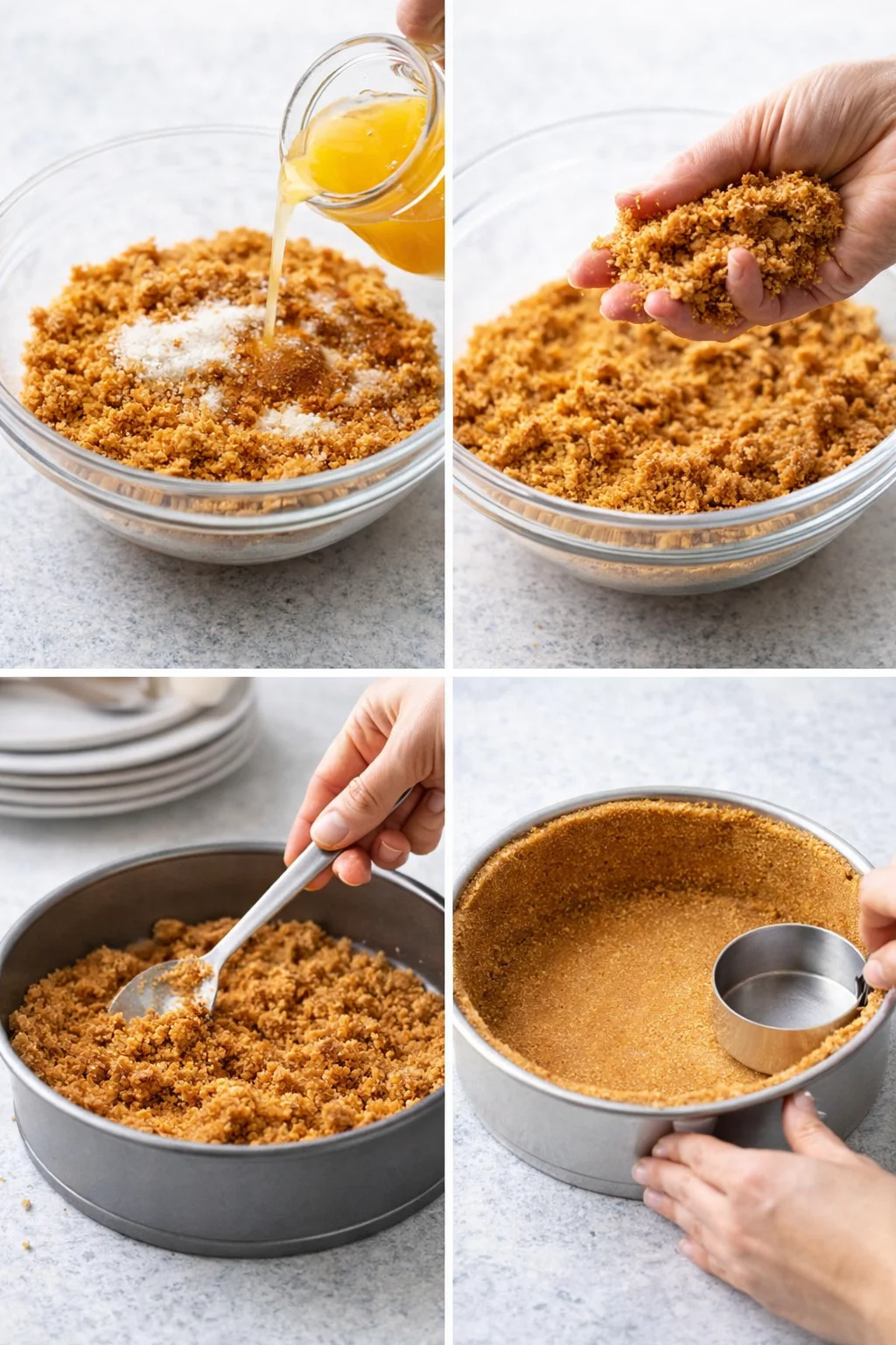Damp biscuit crumb mixed with butter pressed firmly into pan, sides and top smoothed.