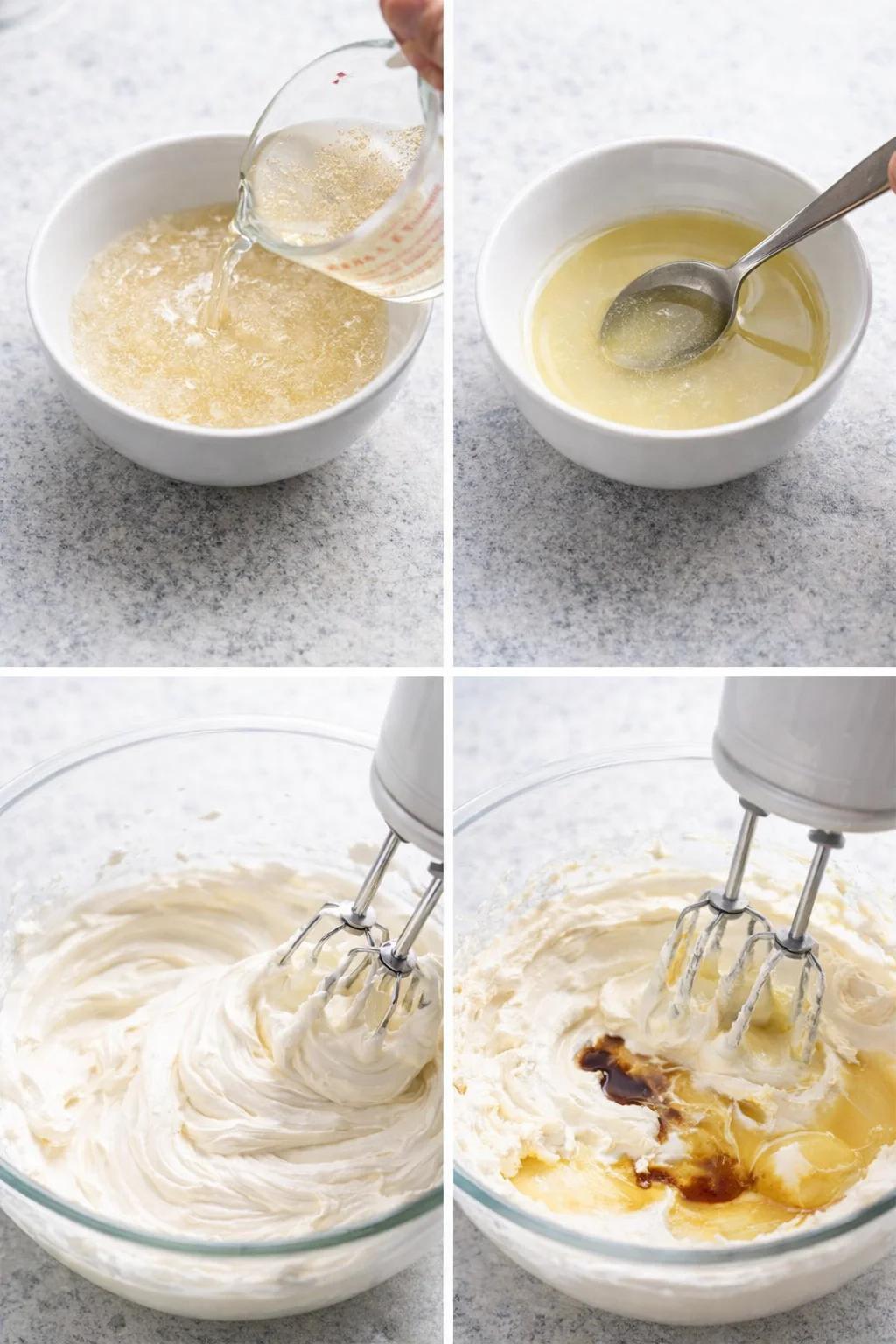 Bloomed gelatine in bowl next to whipped cream peaks and a smooth cream cheese-sugar mixture being combined.